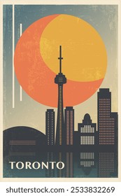 Toronto retro city poster with abstract shapes of skyline, buildings. Canada, Ontario province vintage travel vector illustration, cityscape at sunrise, sunset