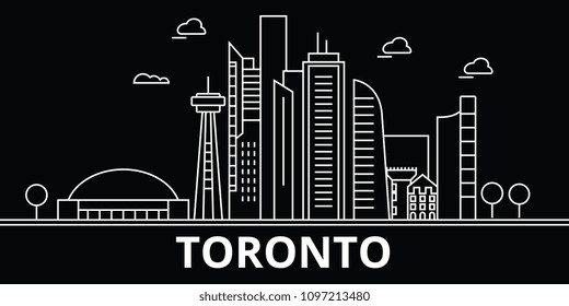 Toronto silhouette skyline. Canada - Toronto vector city, canadian linear architecture, buildings. Toronto travel illustration, outline landmarks. Canada flat icons, canadian line banner