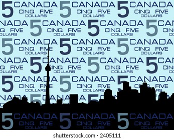Toronto skyline against five dollar bill