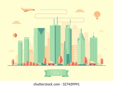 Toronto skyline architecture, vector illustration with plane, cars and air balloon, flat design