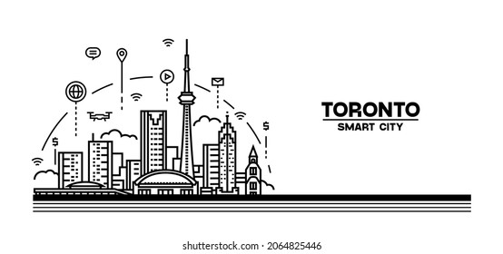 Toronto skyline, Canada. Smart city. Vector illustration, line art