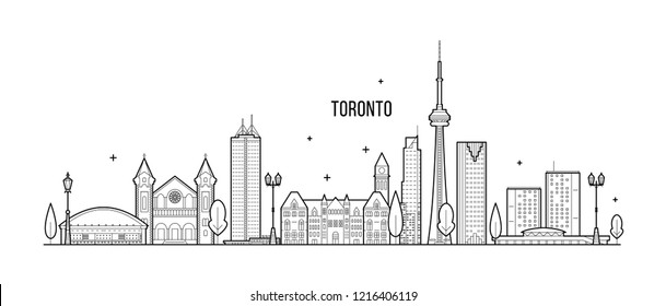 Toronto skyline, Canada. This illustration represents the city with its most notable buildings. Vector is fully editable, every object is holistic and movable