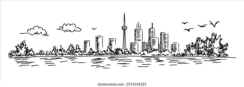 toronto skyline with cn tower and lake in black and white hand-drawn style