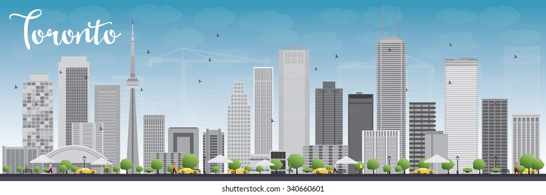Toronto skyline with grey buildings and blue sky. Vector illustration. Business travel and tourism concept with modern buildings. Image for presentation, banner, placard and web site.