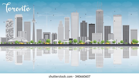 Toronto skyline with grey buildings, blue sky and reflection. Vector illustration. Business travel and tourism concept with place for text. Image for presentation, banner, placard and web site.