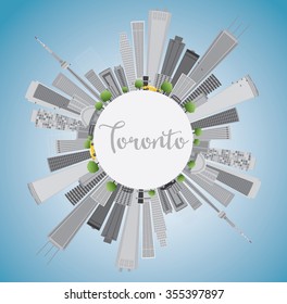 Toronto skyline with grey buildings, blue sky and copy space. Vector illustration. Business travel and tourism concept with place for text. Image for presentation, banner, placard and web site.