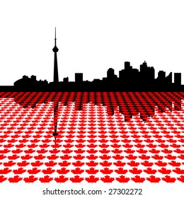 Toronto skyline with maple leaves perspective foreground