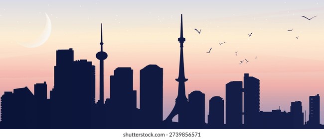 Toronto skyline silhouette at sunset with CN Tower and modern skyscrapers, crescent moon and birds, soft pastel gradient sky, modern flat travel illustration.

