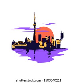 Toronto skyline vector silhouette with sun and clouds sunset