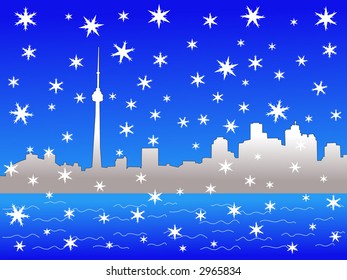 Toronto skyline in winter with falling snow
