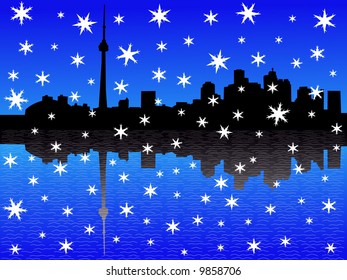 Toronto skyline in winter with falling snow