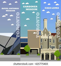 Toronto tourist landmark banners. Vector illustration with Canada famous buildings.