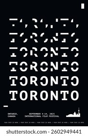 Toronto typography minimalist vector poster for event, film festival, holiday layout. Brochure, leaflet, flyer, advertising image template with text, black and white colors for Canada, Ontario city