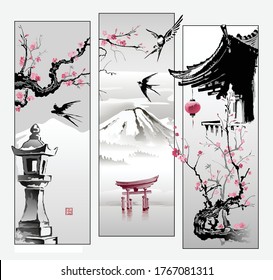 Toro's stone lantern, Sakura branches, Swallows and a paper lantern on the roof of the pagoda. Collage in oriental style. Printing with hieroglyphs - beauty, spring, harmony. Vector.