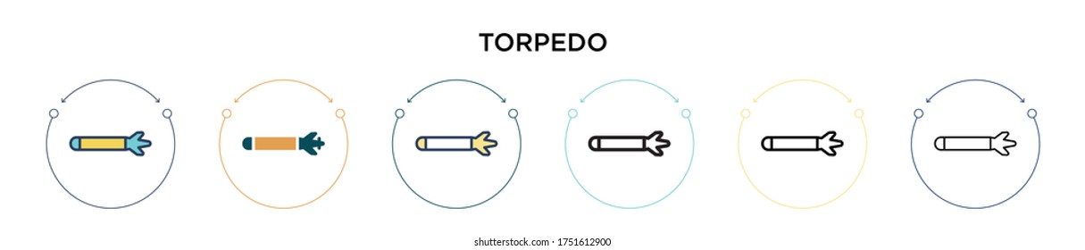 Torpedo icon in filled, thin line, outline and stroke style. Vector illustration of two colored and black torpedo vector icons designs can be used for mobile, ui, web