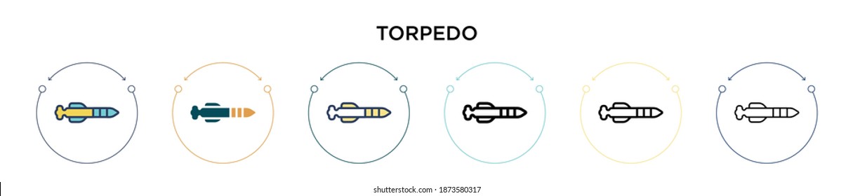 Torpedo icon in filled, thin line, outline and stroke style. Vector illustration of two colored and black torpedo vector icons designs can be used for mobile, ui, web