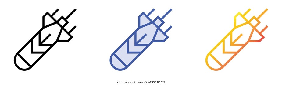 Torpedosymbol. Lineares, blaues Füllungs- und Farbverlauf-Design einzeln auf weißem Hintergrund