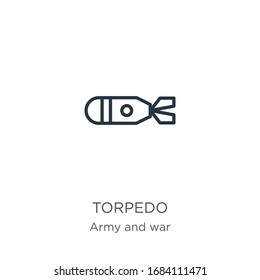 Torpedo-Symbol. Dünne lineare Torpedoskultur Symbol einzeln auf weißem Hintergrund von Armee- und Kriegskollektion. Vektorillustration der Linie, Symbol für Web und Mobilfunk