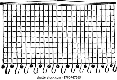 Torpedo nets in the form of ropes weighted with iron or lead, protects the steam vessels, fitted with hooks to catch the little submarine mines, vintage line drawing or engraving illustration.