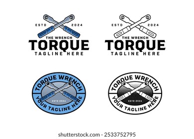 torque wrench tool crossed colorful and outline badge logo design set for workshop, garage. ratchet wrench crossed illustration logo template for repairer, mechanic, craftsman 