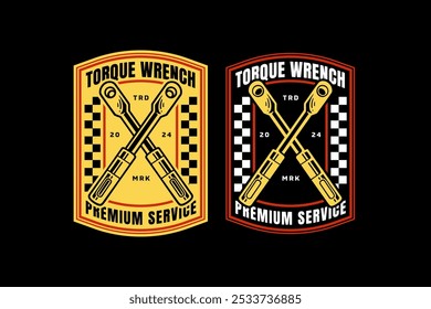 torque wrench tool crossed retro badge logo design for craftsman, mechanic. ratchet wrench tool crossed emblem logo collection for construction, carpenter, workshop, garage 