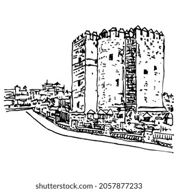 Torre de la Calahorra. Calahorra Tower in Cordova or Córdoba, Spain. Medieval castle. Moorish fortress. Hand drawn linear sketch. Black and white silhouette.