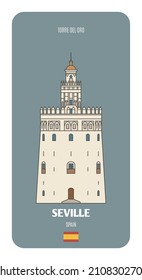 Torre del Oro in Seville, Spain. Architectural symbols of European cities. Colorful vector 