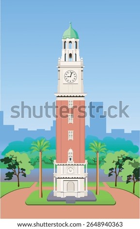 Torre Monumental tower in Buenos Aires. Old town clock tower. Vector art illustration