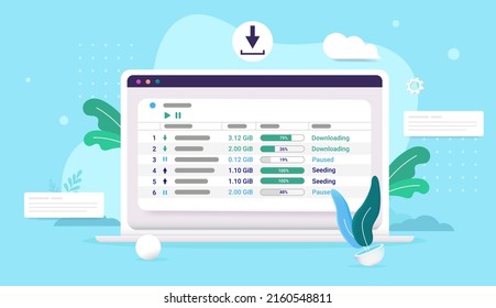 Cliente de torrent en la pantalla del ordenador portátil descargando archivos de internet. Ilustración vectorial semiplana con fondo azul