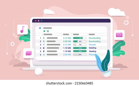 Torrent downloading technology - Laptop computer screen with file downloading software in colourful vector illustration