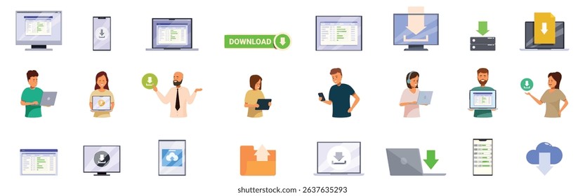  Torrent icons set. Programmers and other professionals are downloading files from the internet using various devices, including laptops, smartphones, tablets, and desktop computers