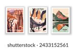 Torres del Paine National Park, Chile. Tryfan, Wales. Tsingy de Bemaraha Strict Nature Reserve, Madagascar - Set of 3 Vintage Travel Posters. Vector illustration. High Quality Prints