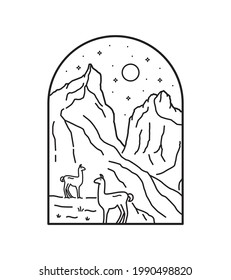 Torres del paine national park patagonia in chile with mono line art, patch badge design, emblem design, T-Shirt Design