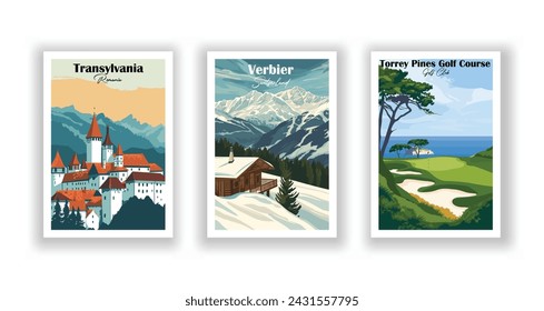 Torrey Pines Golf Course, Golf Club. Transylvania, Romania. Verbier, Switzerland - Set of 3 Vintage Travel Posters. Vector illustration. High Quality Prints