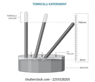 Torricelli experiment and Atmospheric pressure vector illustration. evangelista torricelli. pressure and buoyancy. pressure and lifting force. Diagram of mercury barometer. Torricellian barometer.