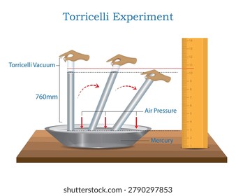Torricelli Experiment Demonstrating Atmospheric Pressure, Mercury Barometer Principle and Formation of Torricellian Vacuum in a Mercury Column.