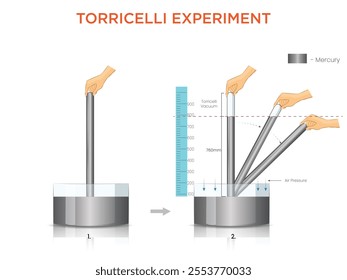 Torricelli's experiment used a glass tube, mercury, and scale to demonstrate atmospheric pressure, creating a vacuum and measuring pressure in a barometer.