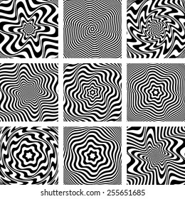 Torsion movement illusion. Op art patterns set. Vector art.
