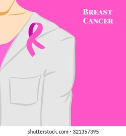 torso of a girl in a gown on a pink background with a pink ribbon in the style of the drawing hand to help promote Breast Cancer Breast Women