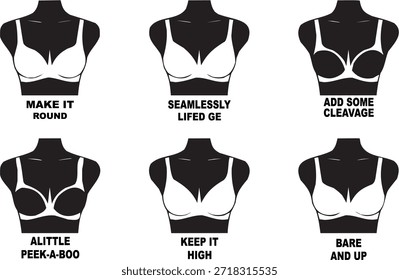 Silhuetas do tronco com rótulos de texto representando ajuste e estilo. Ilustração vetorial em preto-e-branco representando moda e marca