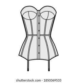 Ilustración técnica de la ropa interior de torsolette basque bustier con taza moldeada, barniz trasero, guarniciones adjuntas. Delante de la plantilla de ladrillo plano, estilo de color gris. Mujeres hombres unisex ropa interior maquillaje CAD