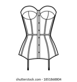 Torsolette basque bustier lingerie technical fashion illustration with molded cup, back laced, attached garters. Flat brassiere template front, white color style. Women men unisex underwear CAD mockup