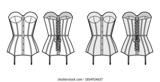 Torsolette basque Business Dessous technische Mode Illustration mit geformt Becher, Schnürung, angehängte Garter. Flaches Bassiere Vorlagenfronten, weißer Hintergrund. Frauen ohne Unterwäsche CAD-Modell