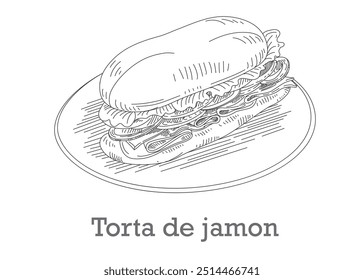 Torta de jamon na placa, estilo de esboço desenhado à mão. Comida tradicional mexicana.