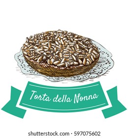 Torta della Nonna colorful illustration. Vector illustration of Italian cuisine.