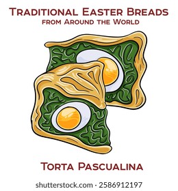 Torta pascualina. A traditional Argentinian and Uruguayan savory pie filled with spinach, ricotta cheese, whole eggs, and herbs, encased in a flaky pastry crust.