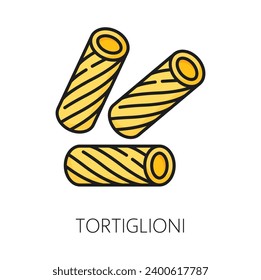 Tortiglioni pasta isolated Italian cuisine food outline icon. Vector Italy dish, traditional pasta canneroni cannoli crusetti raw canelons