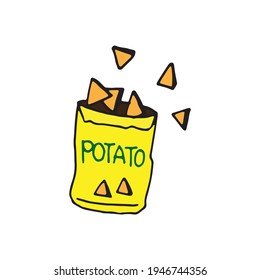 tortila chips in the pack. yellow plastic package. white background. potato chips. salty flavor. hand drawn vector. crispy and tasty. doodle art for logo, label, sticker, clipart, poster, branding. 