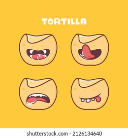 Tortilla cartoon. mexican food vector illustration. with different mouth expressions. cute cartoon
