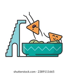 Tortilla chip jumping into pool of guacamole cartoon isolated vector illustration for Tortilla Chip Day on February 24